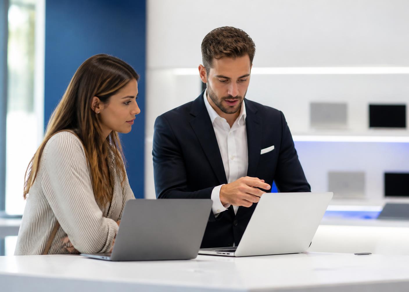 A specialist explaining device specifications to a customer comparing two laptops