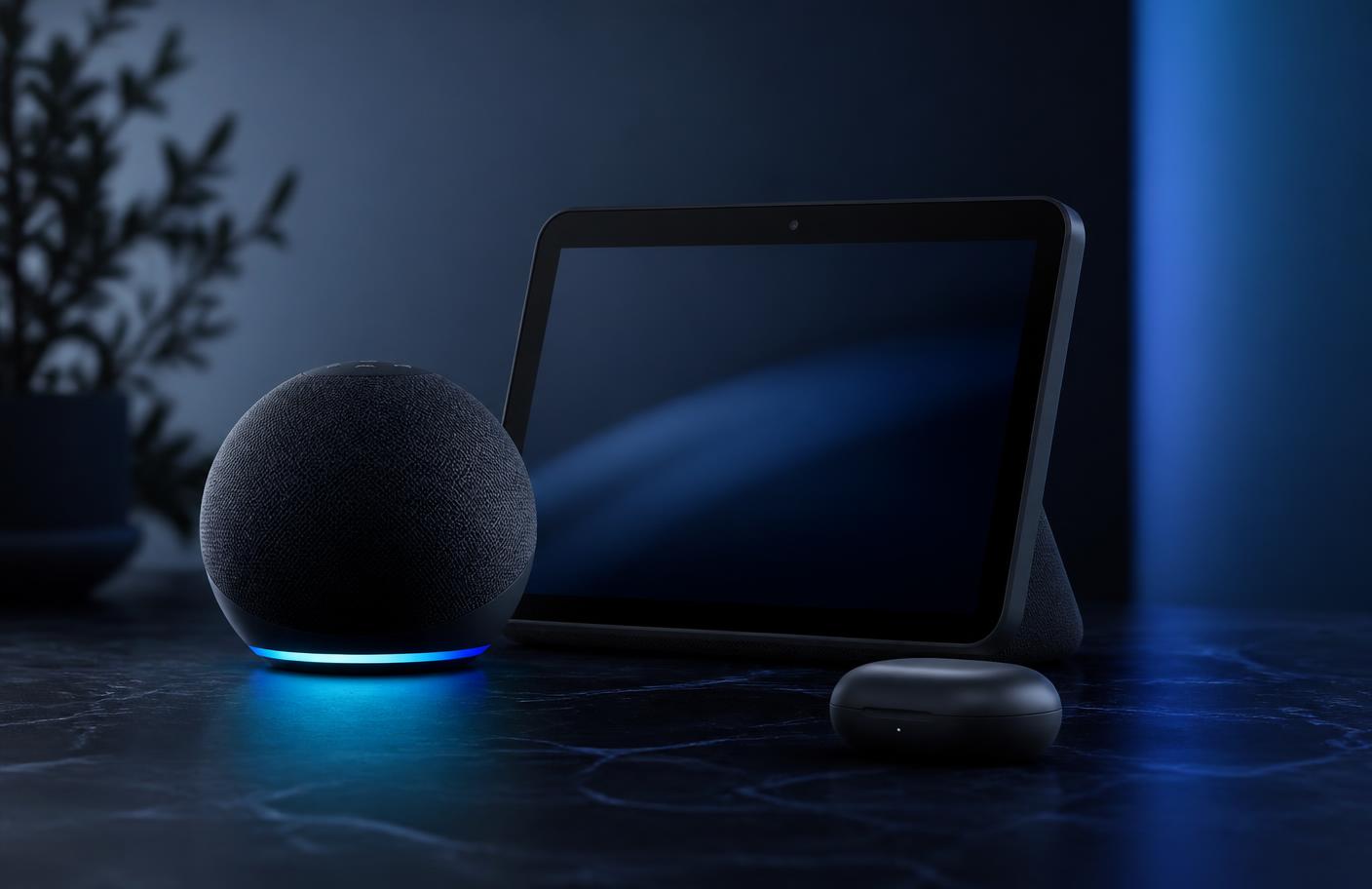Premium smart home display, speaker and earbuds on a dark surface